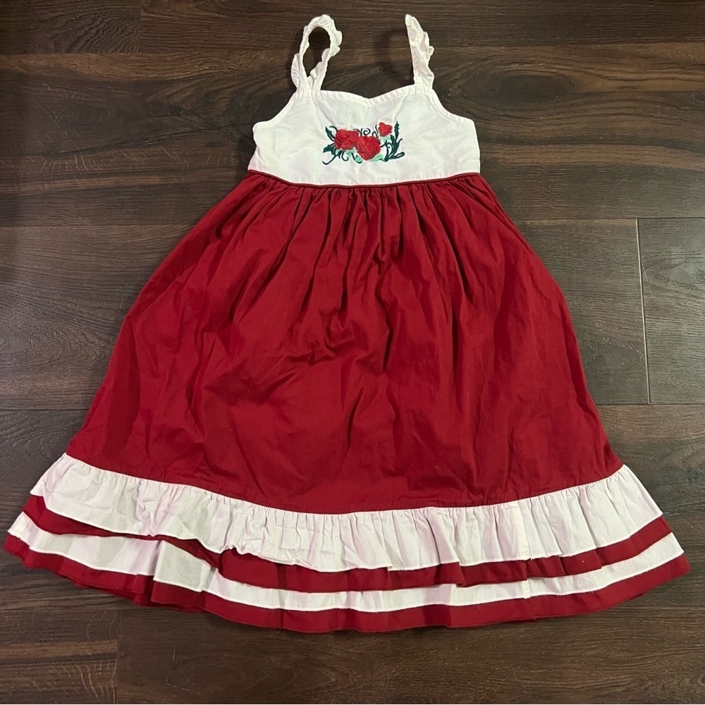 Boutique 4T Red and Cream Girls Dress with Floral Rose Embroidery